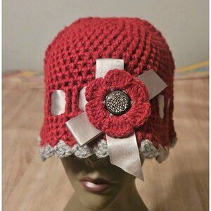 Hand-Made - Knitted Winter Clouche Hat - One-Size Very Warm! Red Light Gray Trim